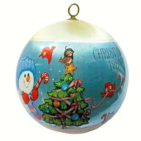 Vintage 1980 Hallmark Grandson Satin Ornament Snowman Tree Raccoons Skating Sled - Picture 2 of 8